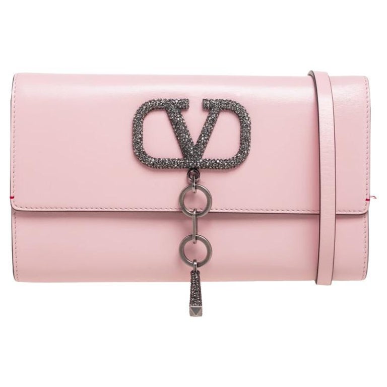 Valentino Light Pink Leather Vcase Crystals Clutch Bag For Sale at 1stDibs