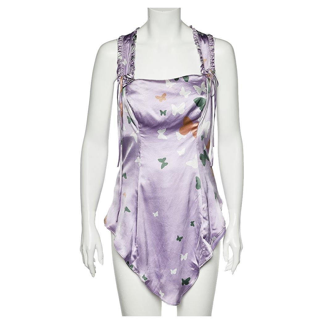 Valentino Lilac Butterfly Printed Silk Satin Asymmetric Hem Camisole M For Sale