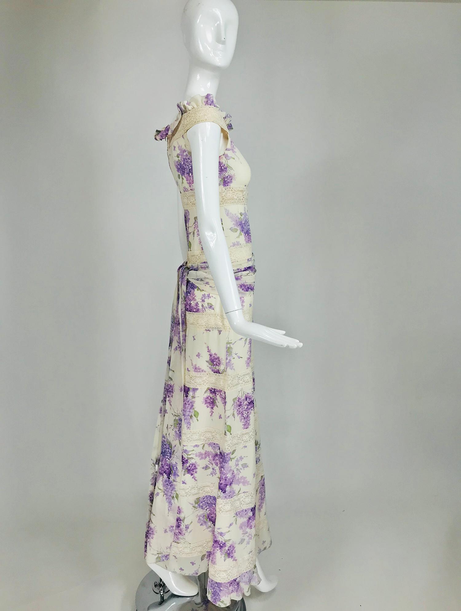 Valentino Lilac Print Silk Crepe Chiffon and Lace Maxi Dress  2