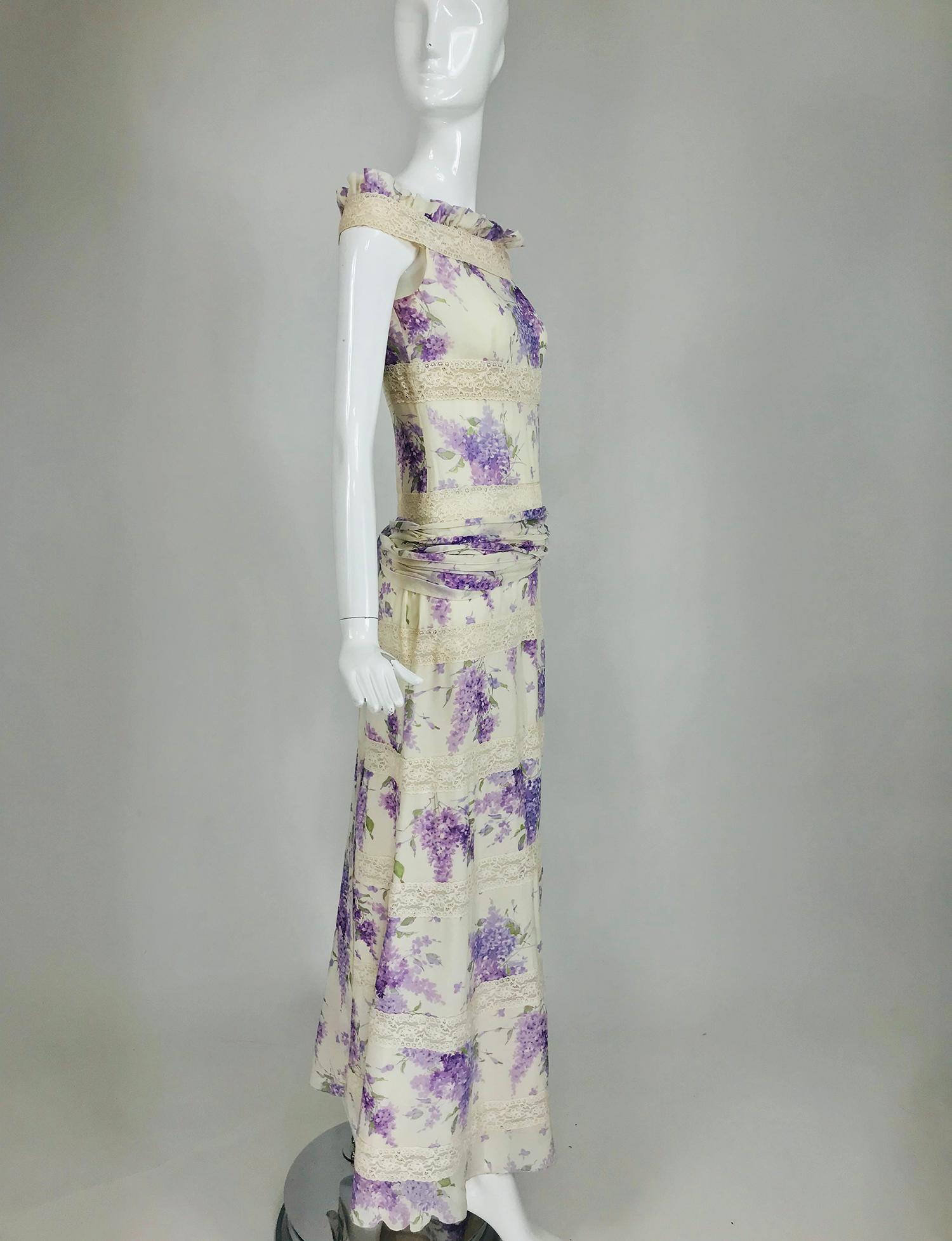 Valentino Lilac Print Silk Crepe Chiffon and Lace Maxi Dress  3