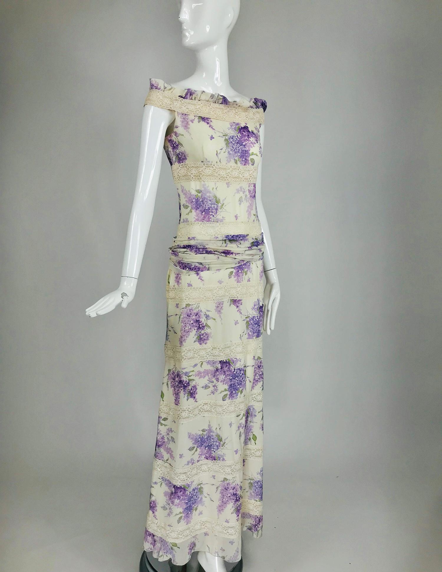 Valentino Lilac Print Silk Crepe Chiffon and Lace Maxi Dress  4