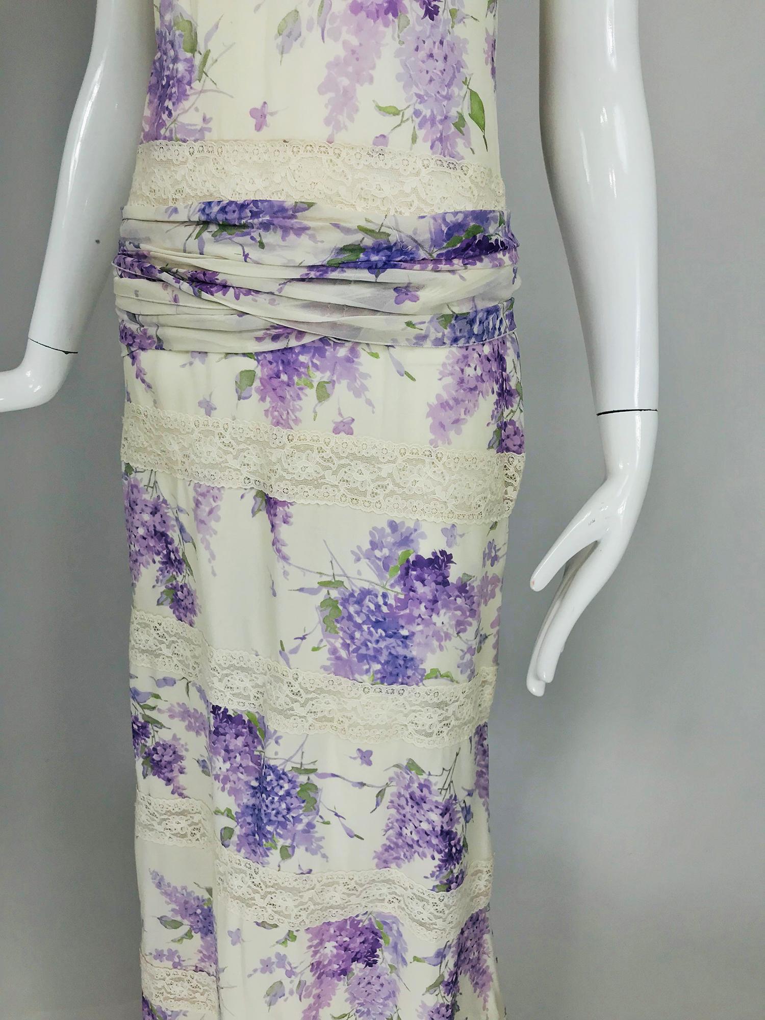 Valentino Lilac Print Silk Crepe Chiffon and Lace Maxi Dress  6