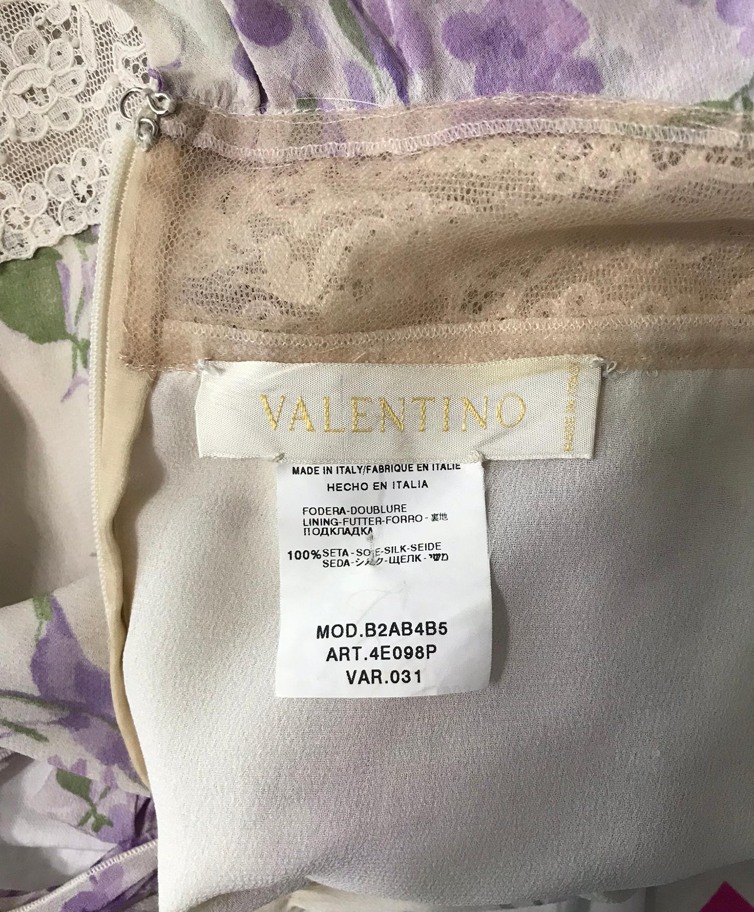 Valentino Lilac Print Silk Crepe Chiffon and Lace Maxi Dress  7