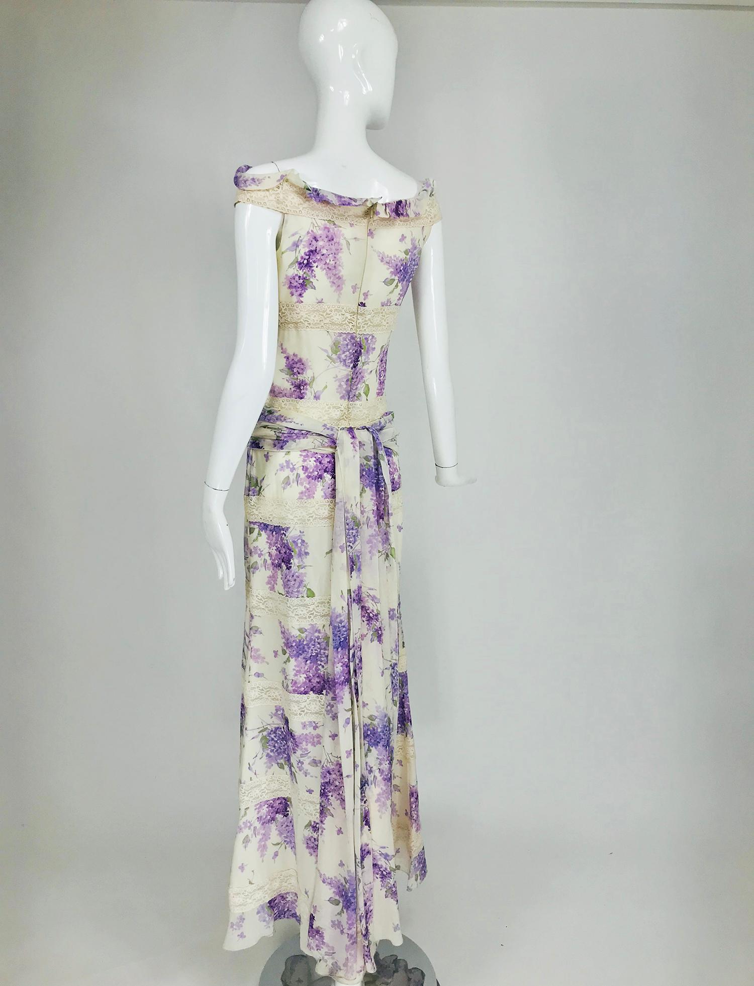 Gray Valentino Lilac Print Silk Crepe Chiffon and Lace Maxi Dress 