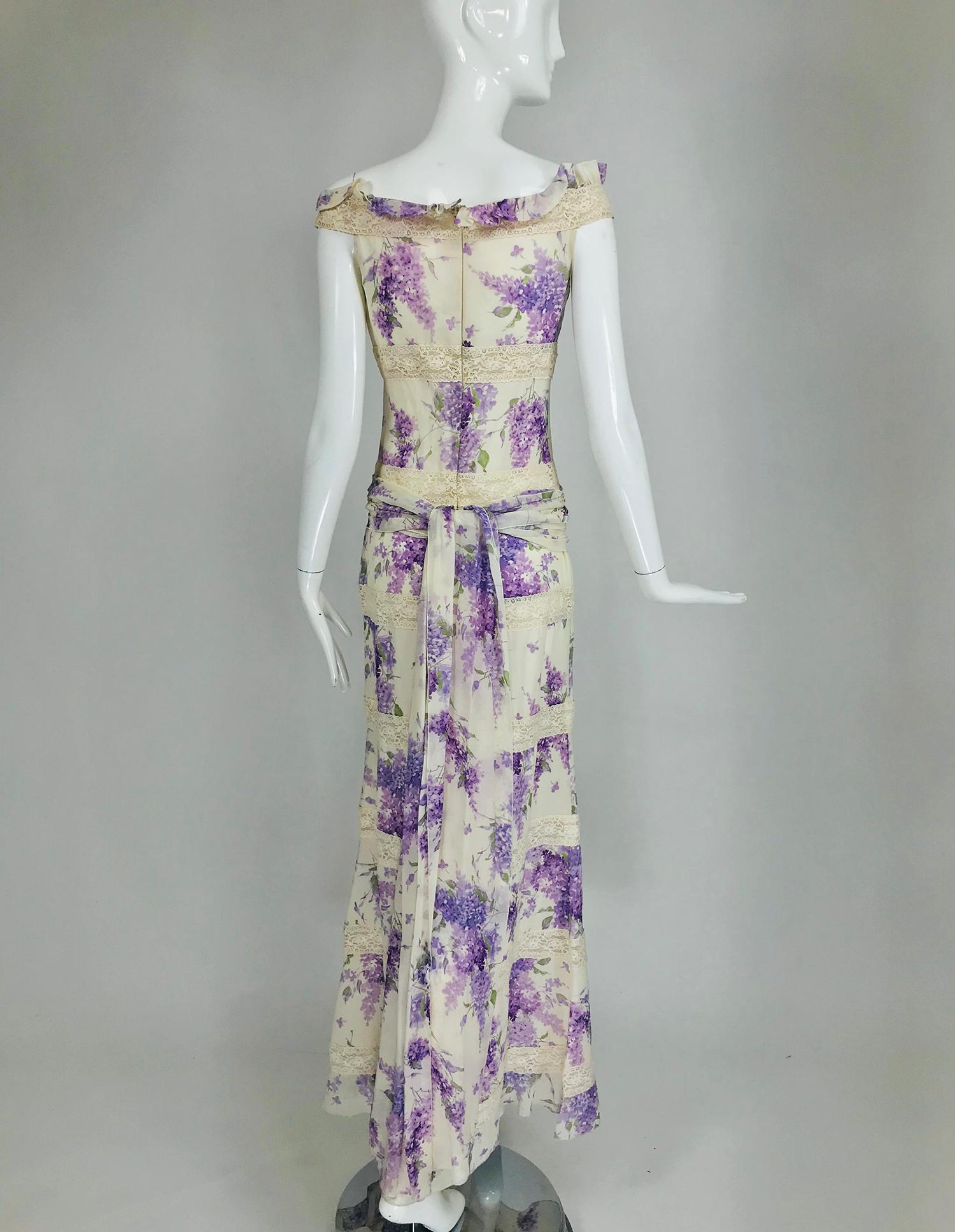 Women's Valentino Lilac Print Silk Crepe Chiffon and Lace Maxi Dress