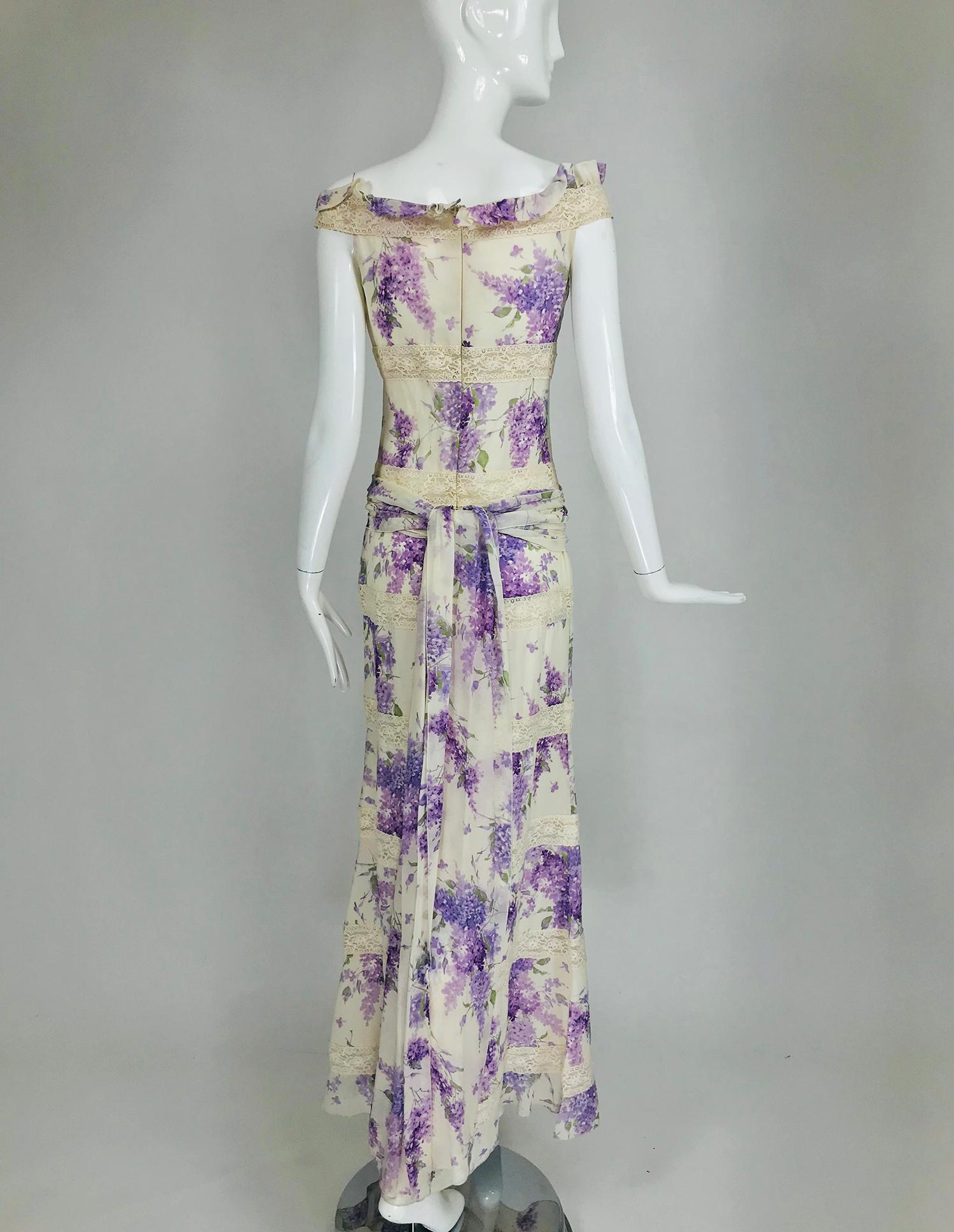 Women's Valentino Lilac Print Silk Crepe Chiffon and Lace Maxi Dress 