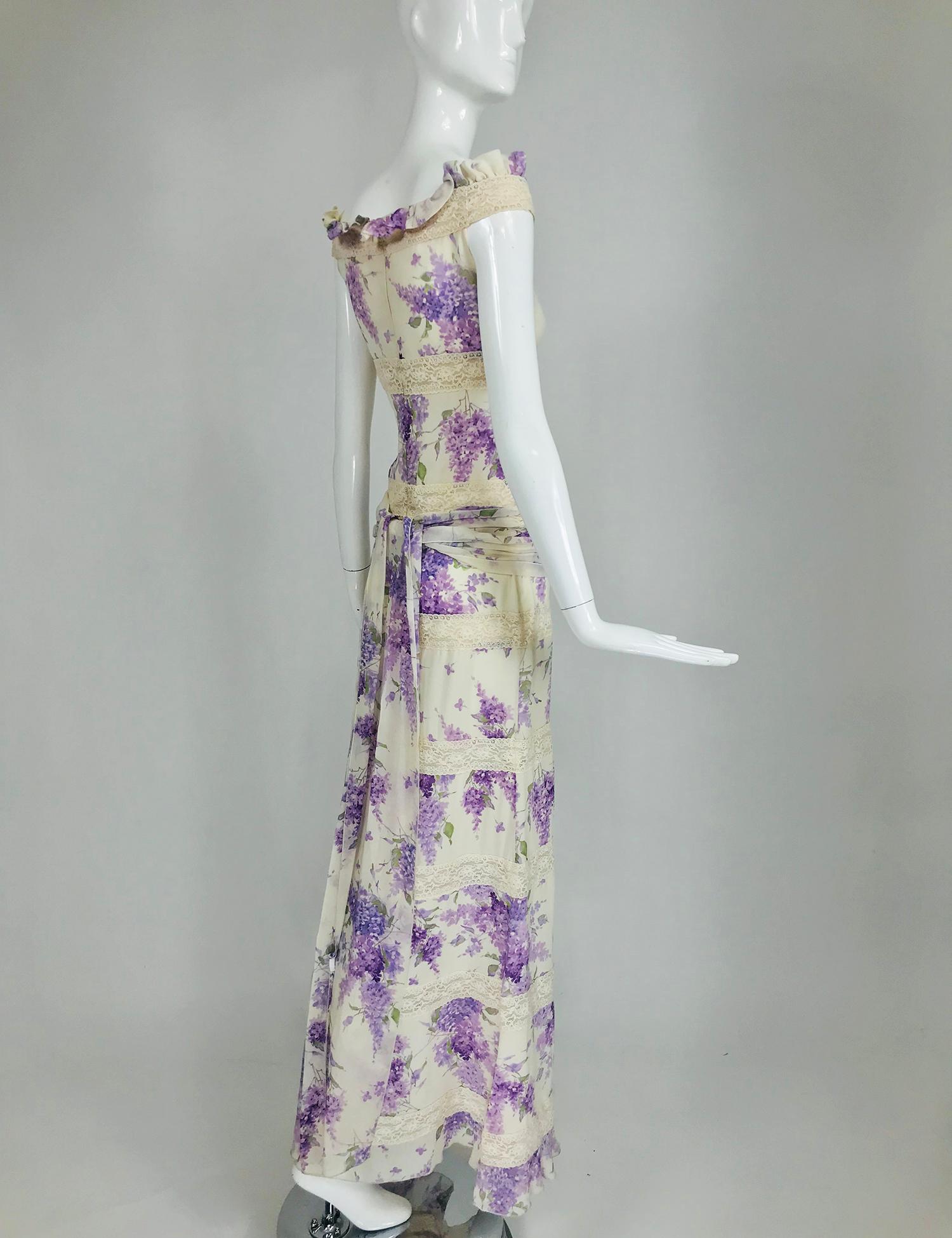 Valentino Lilac Print Silk Crepe Chiffon and Lace Maxi Dress  1