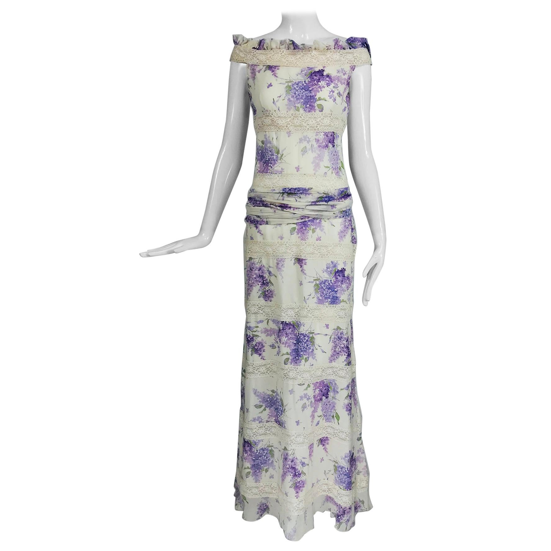 Valentino Lilac Print Silk Crepe Chiffon and Lace Maxi Dress 
