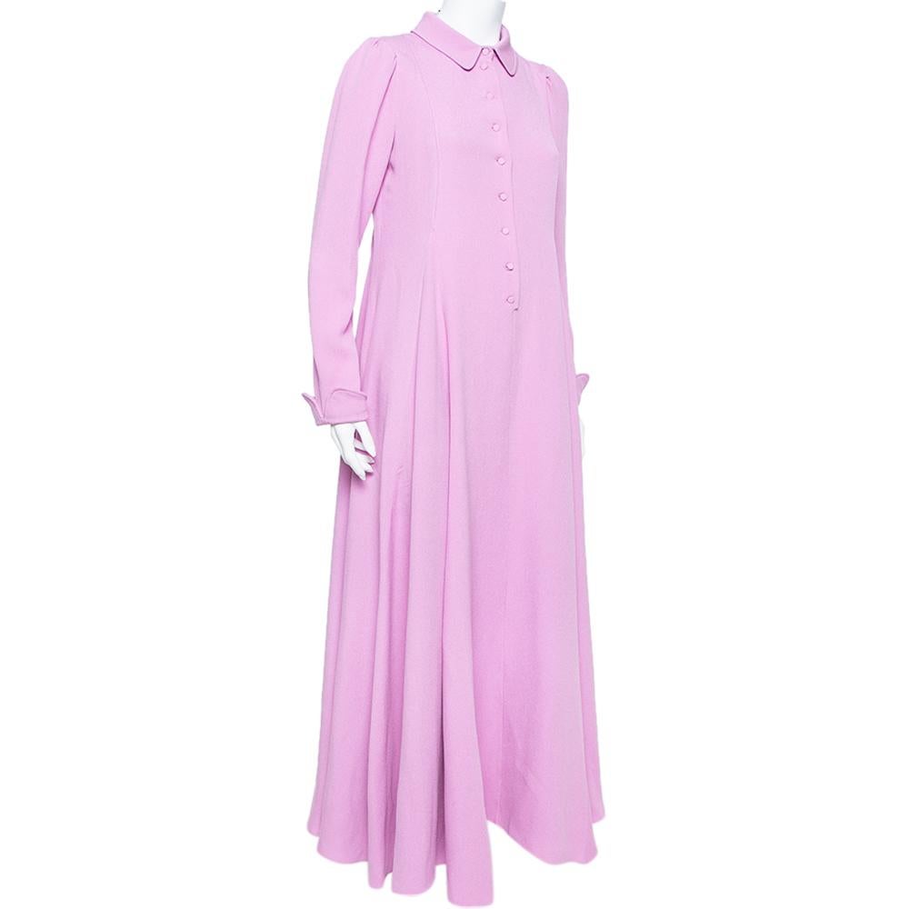 Artfully splattered with a lilac hue, Valentino's pure silk dress is perfect for balmy evening events. It's crafted to a floor-skimming silhouette with defining tucks and nonchalantly secures at the neck with a sophisticated collar. Give it the