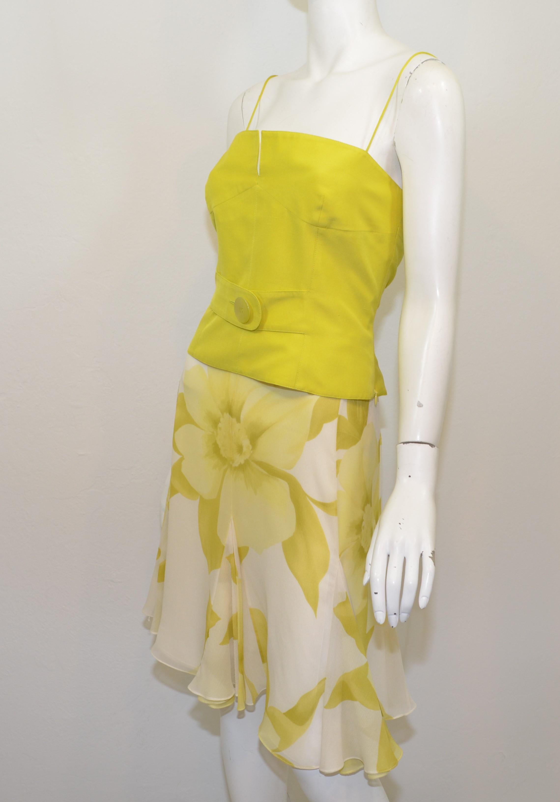 Valentino Lime Green Chiffon Skirt with Camisole Top — Top featured in a chartreuse green color with a decorative belted front and side zipper fastening. Skirt has a floral motif throughout with a flared hem, and a back zipper and hook fastening.