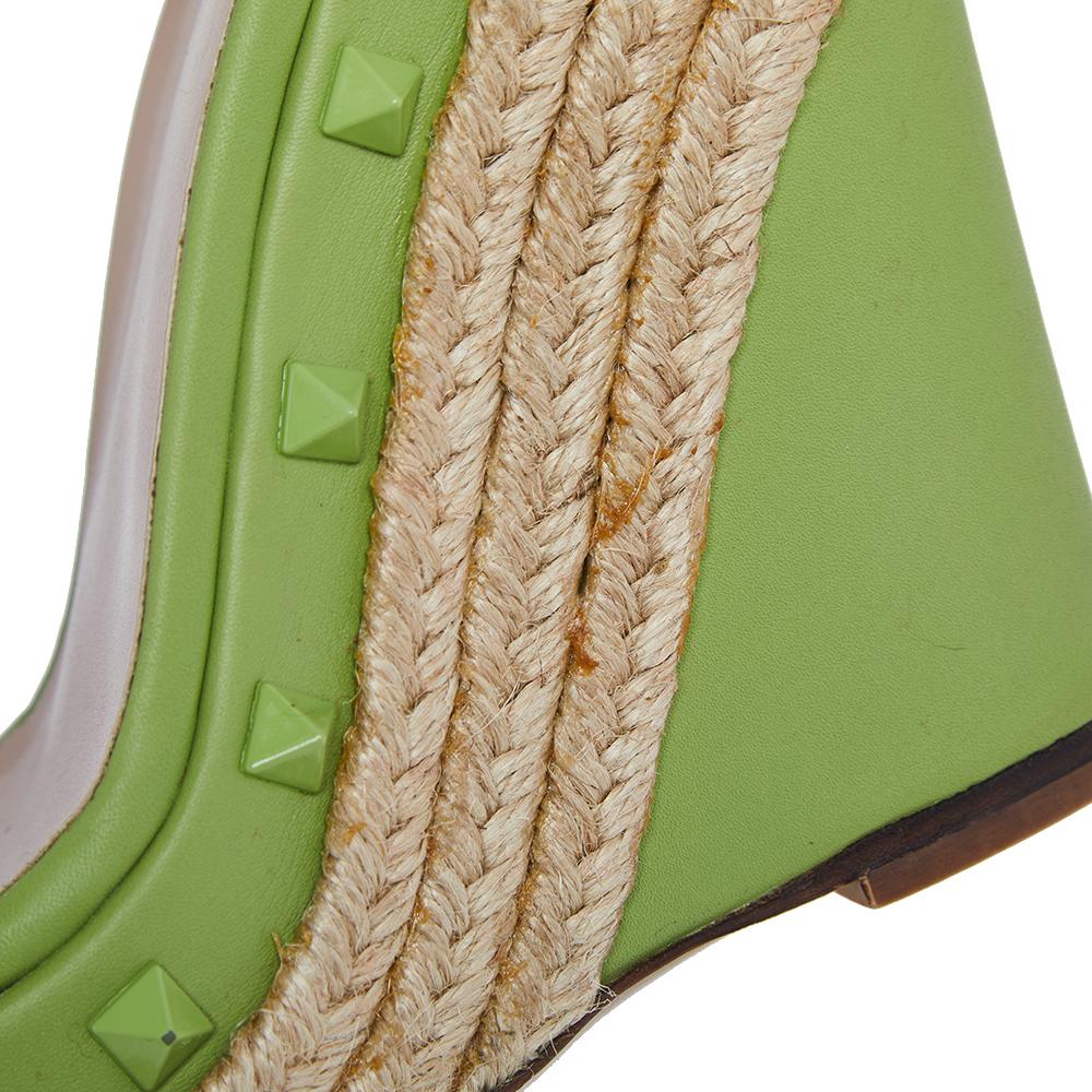 Women's Valentino Lime Green Leather Rockstud T Strap Espadrille Wedges Size 41
