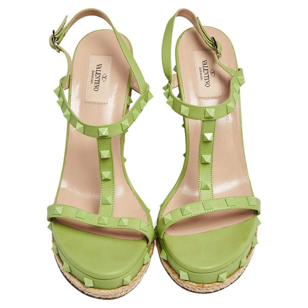 Valentino Lime Green Leather Rockstud T Strap Espadrille Wedges Size 41 2