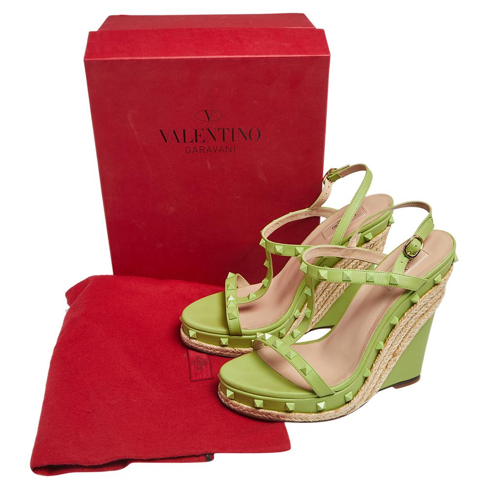 Valentino Lime Green Leather Rockstud T Strap Espadrille Wedges Size 41 3