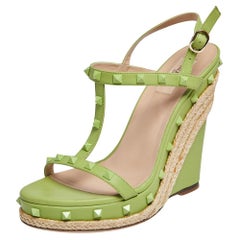 Valentino Lime Green Leather Rockstud T Strap Espadrille Wedges Size 41