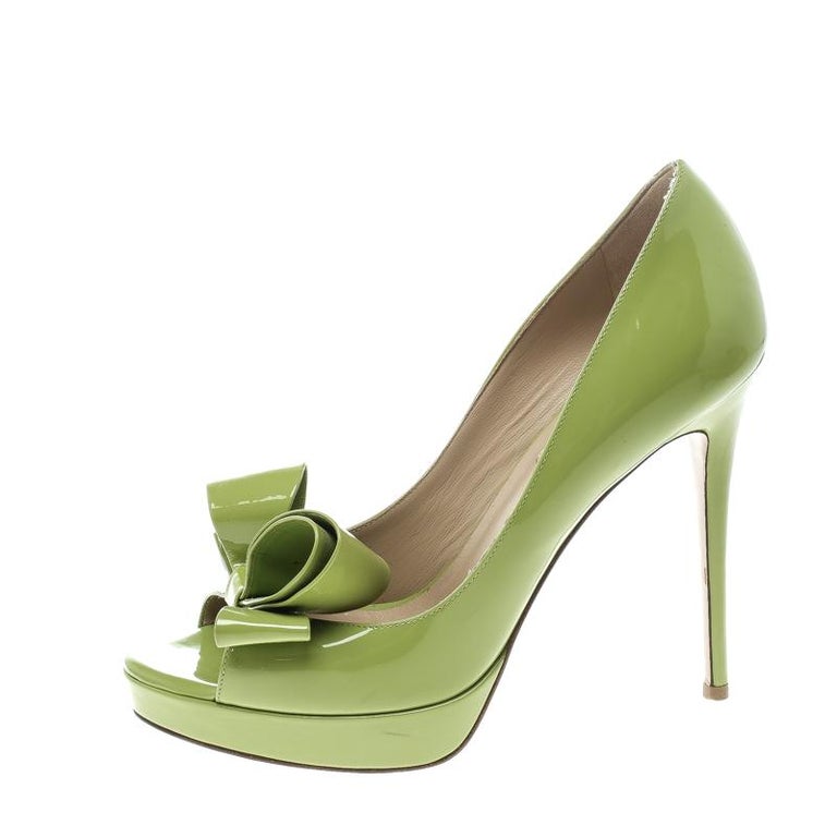 Valentino Lime Green Patent Leather Couture Bow Peep Toe Platform Pumps