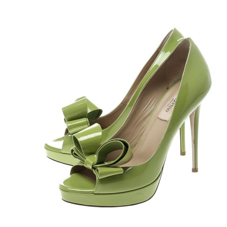 Valentino Lime Green Patent Leather Couture Bow Peep Toe Platform Pumps