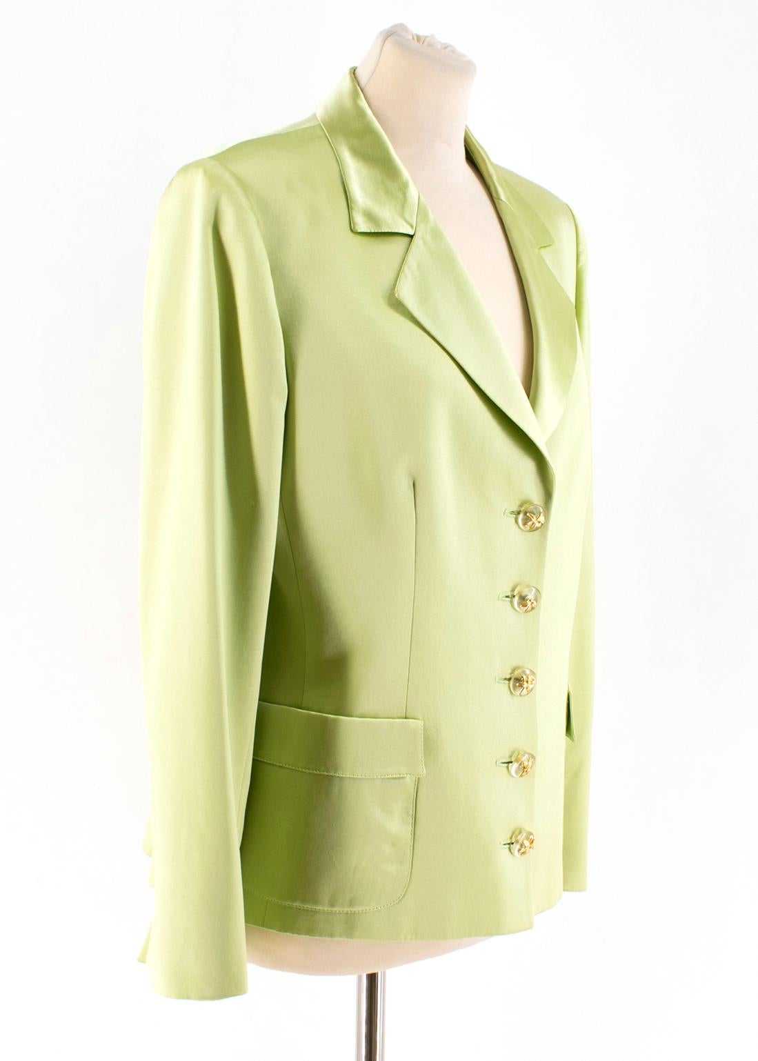 Valentino Lime Green Wool & Silk-blend Blazer

- Lime green, lightweight, wool & silk-blend blazer
- Padded shoulders
- Notch lapels
- Centre-front embellished buttons fastening
- Front slip pockets
- 76% virgin wool and 24% silk.

Please note,