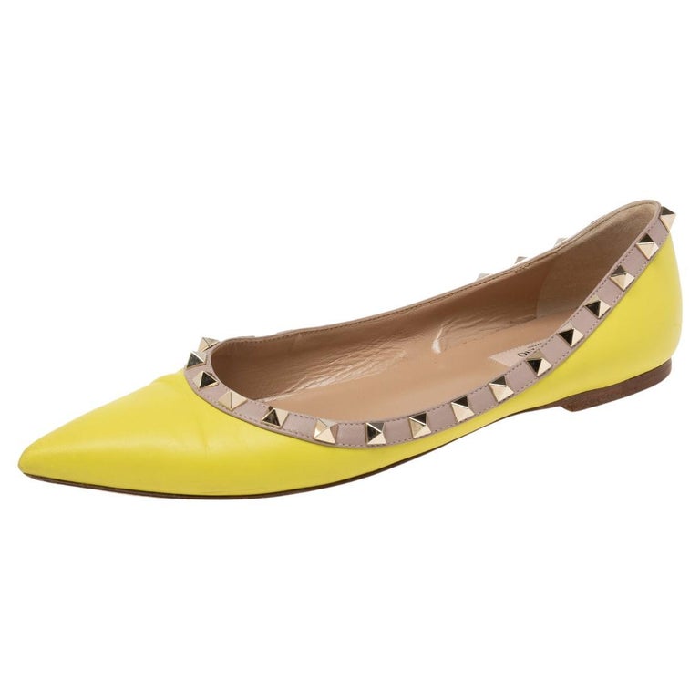 Valentino Lime Yellow Leather Rockstud Ballet Flats Size 38.5 at 1stDibs