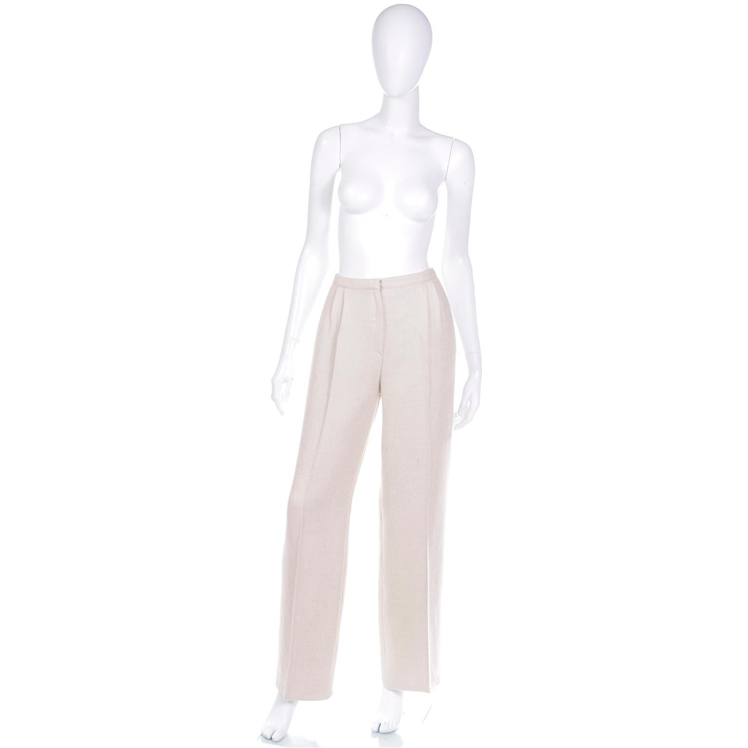 These Valentino early 2000's natural woven high waisted trousers are in a luxe blend of silk, linen and wool, creating a beautiful basket weave texture and feel. The high waisted pants are ultra sophisticated and they are in a natural, neutral tone
