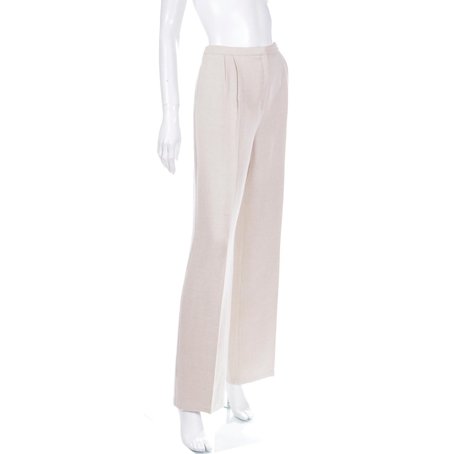 Gray Valentino LInen Silk Wool Blend High Waisted Neutral Woven Trousers For Sale