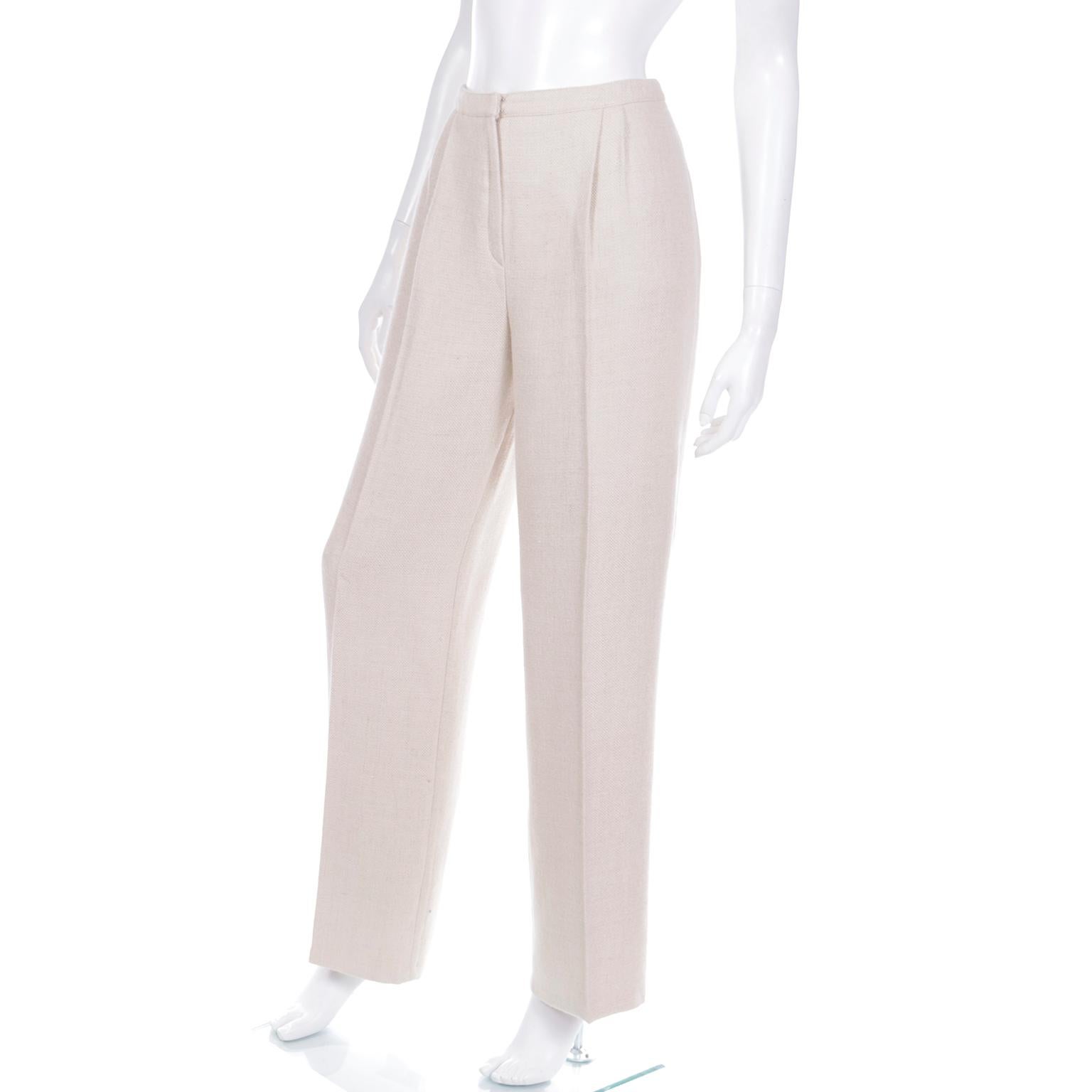 Women's Valentino LInen Silk Wool Blend High Waisted Neutral Woven Trousers For Sale