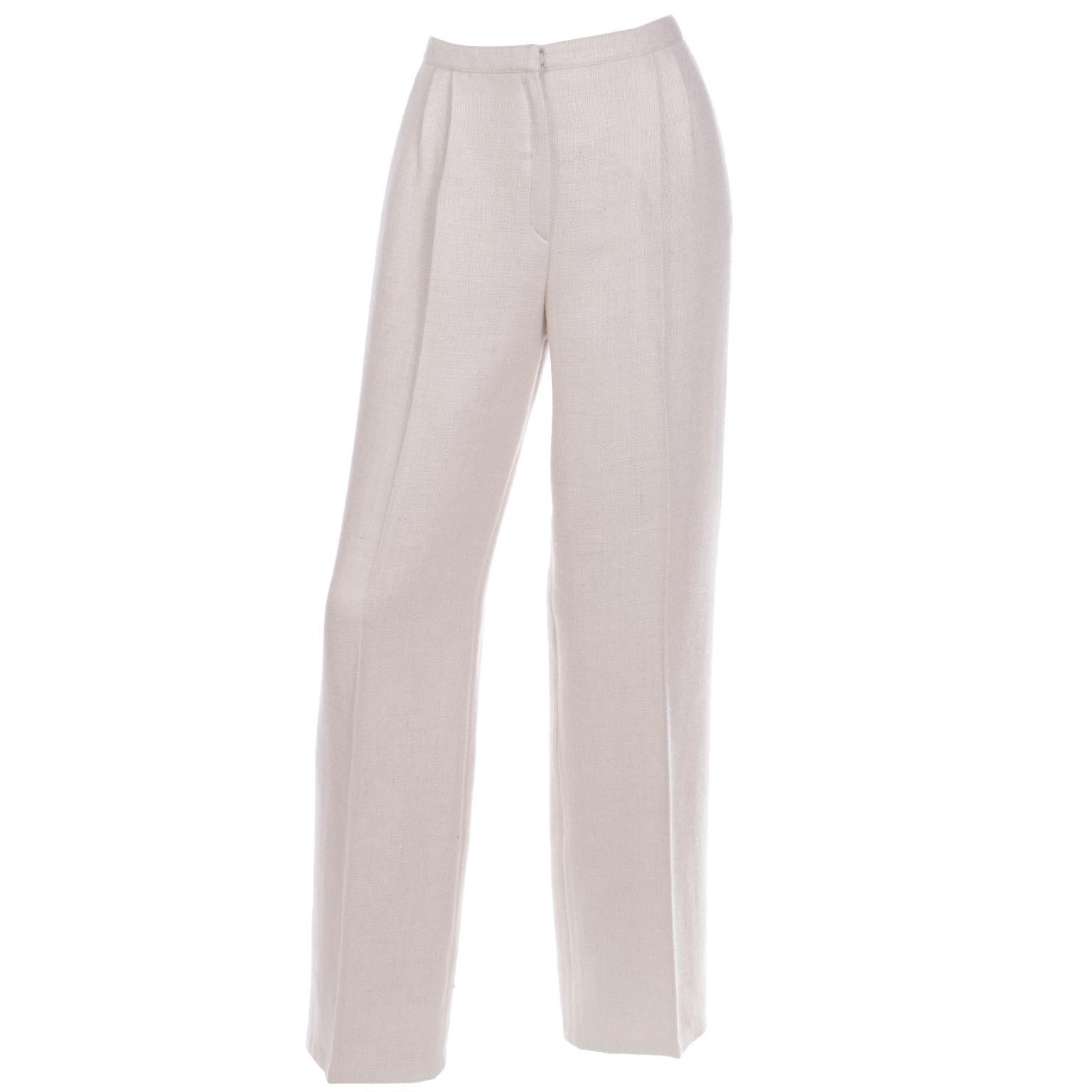 Valentino LInen Silk Wool Blend High Waisted Neutral Woven Trousers For Sale 4