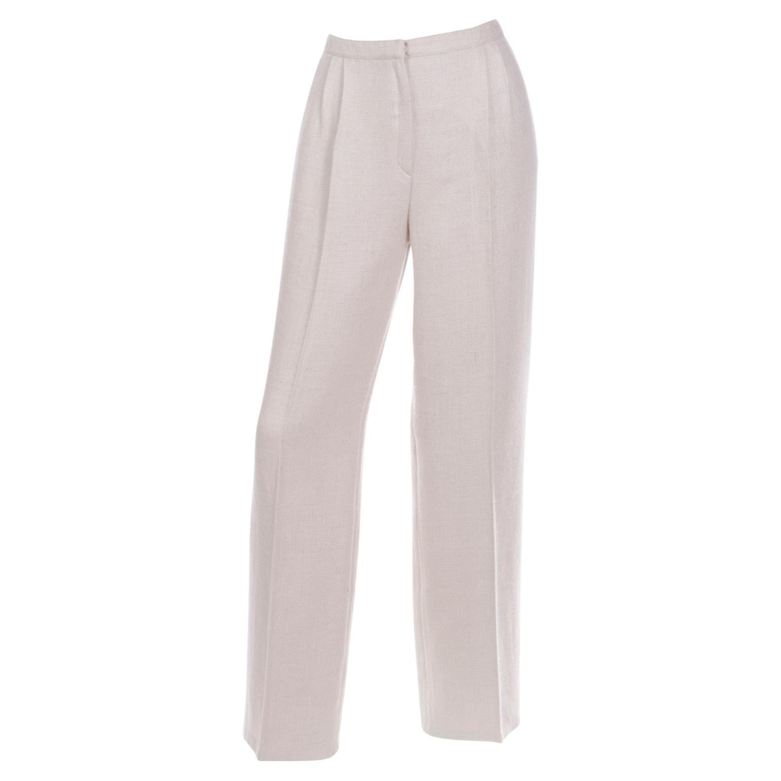 Valentino LInen Silk Wool Blend High Waisted Neutral Woven Trousers For Sale