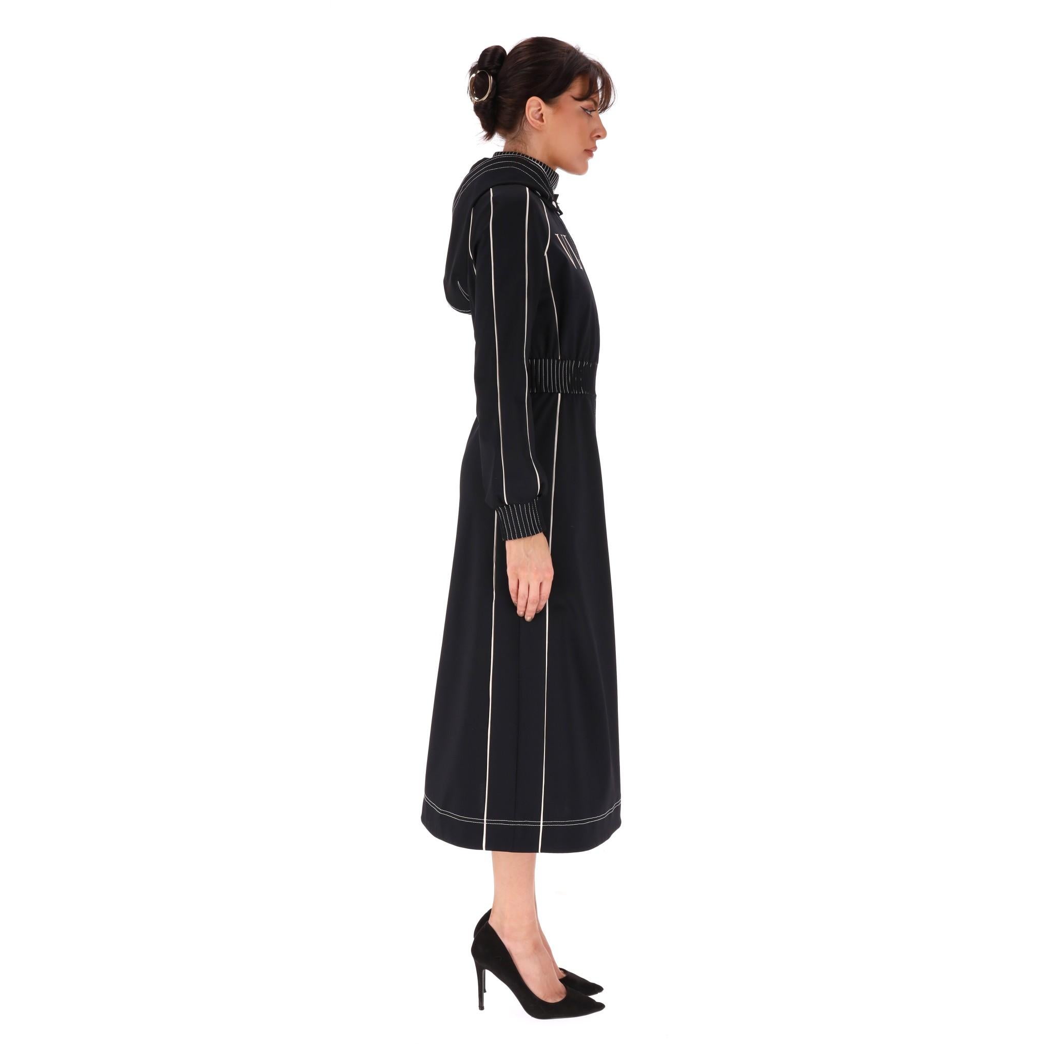 Black Valentino Logo Print Zip Front Dress With Hood
