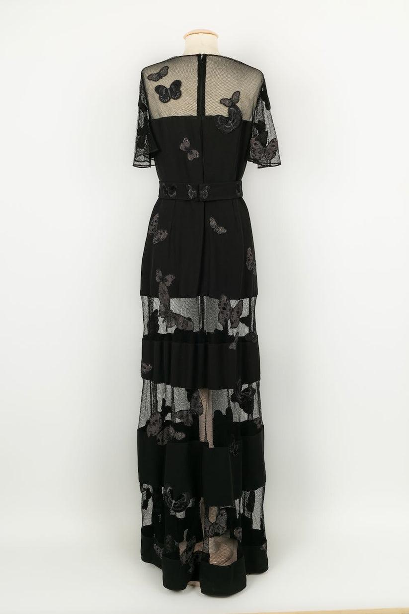 Valentino Long Black Dress Partly Openwork and Embroidered with Butterflies In Excellent Condition In SAINT-OUEN-SUR-SEINE, FR