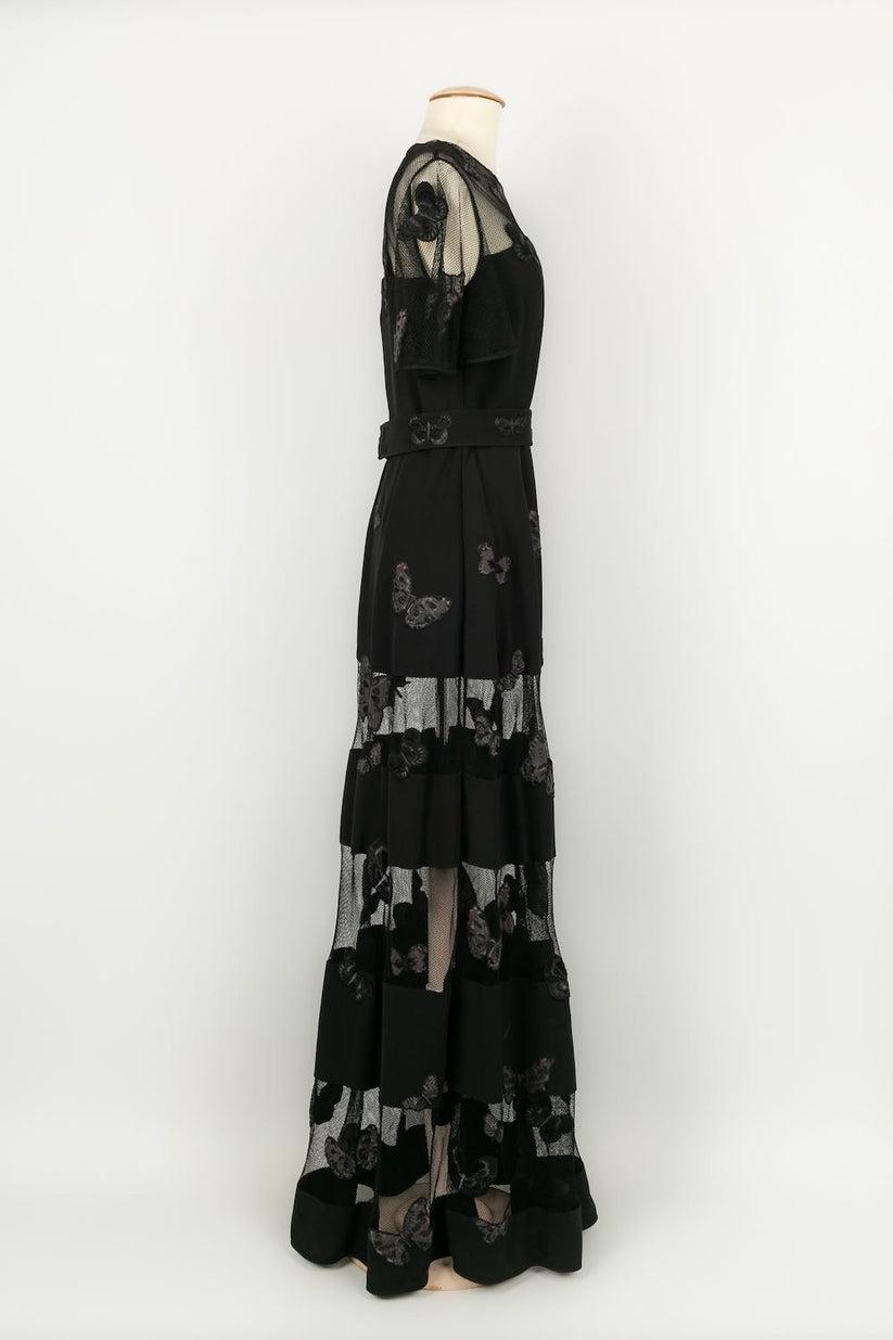 Women's Valentino Long Black Dress Partly Openwork and Embroidered with Butterflies