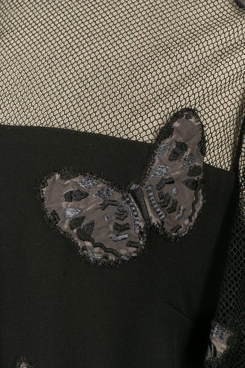 Valentino Long Black Dress Partly Openwork and Embroidered with Butterflies 4