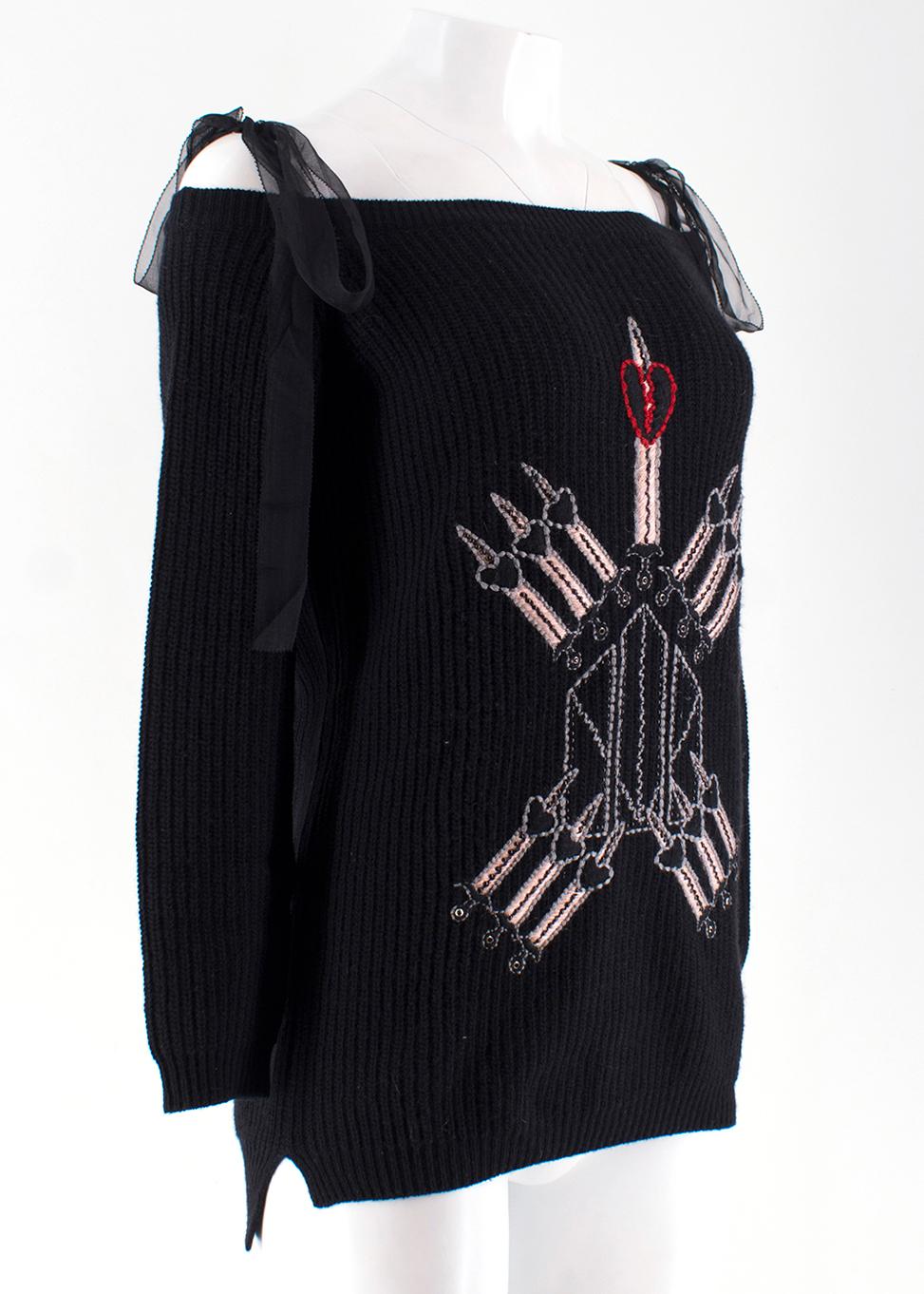 Valentino Love Blades Off-Shoulder Cashmere Blend Jumper

- Sheer ribbon ties that tie over the shoulder
- Off shoulder style jumper
- Long sleeves
- Love Blades collection embroidered motif on front with some embellishment
- Soft black ribbed knit