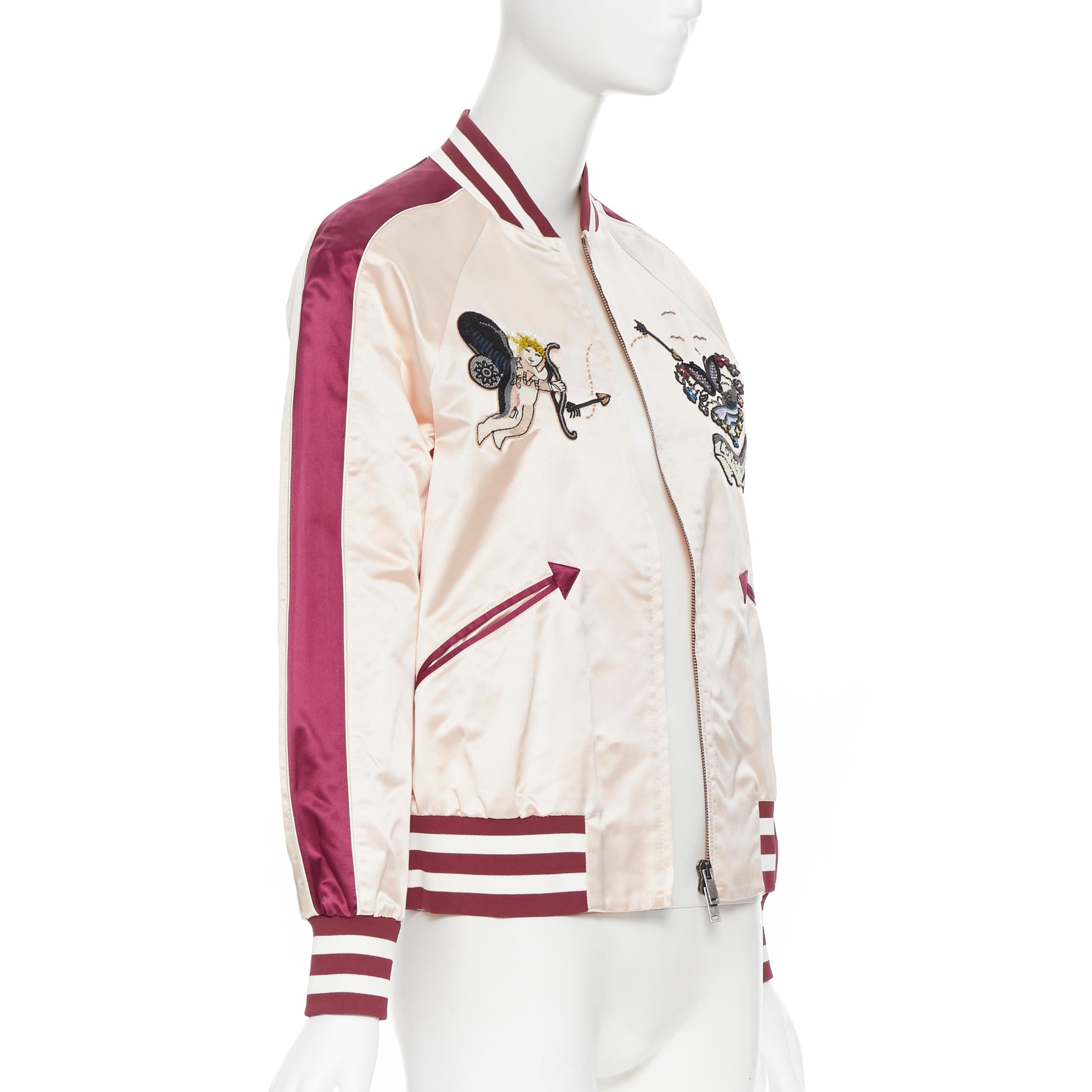 Rosso VALENTINO Love Fault bomber in raso rosa bordeaux ricamato con perline IT36