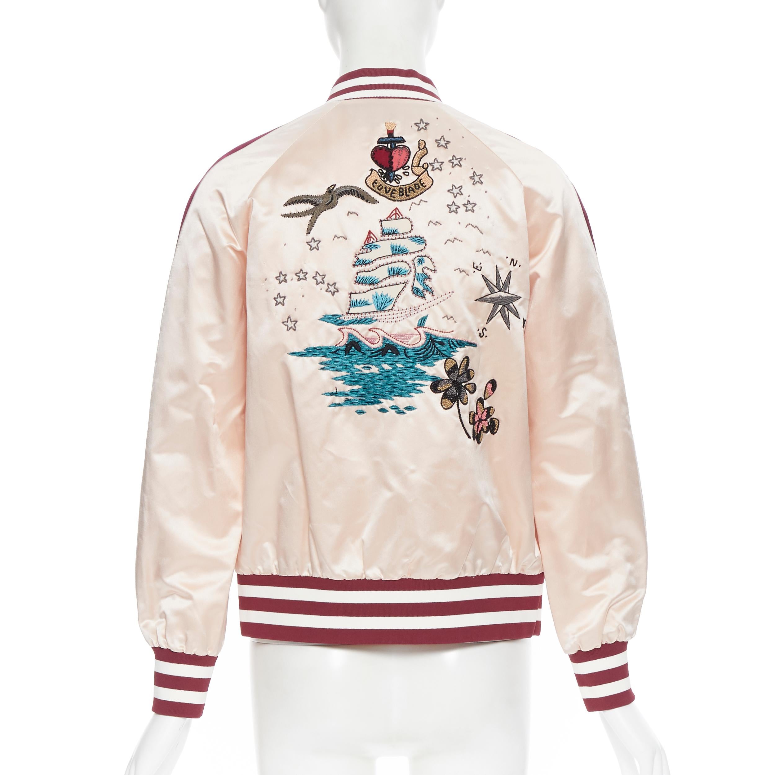 VALENTINO Love Fault bomber in raso rosa bordeaux ricamato con perline IT36 1