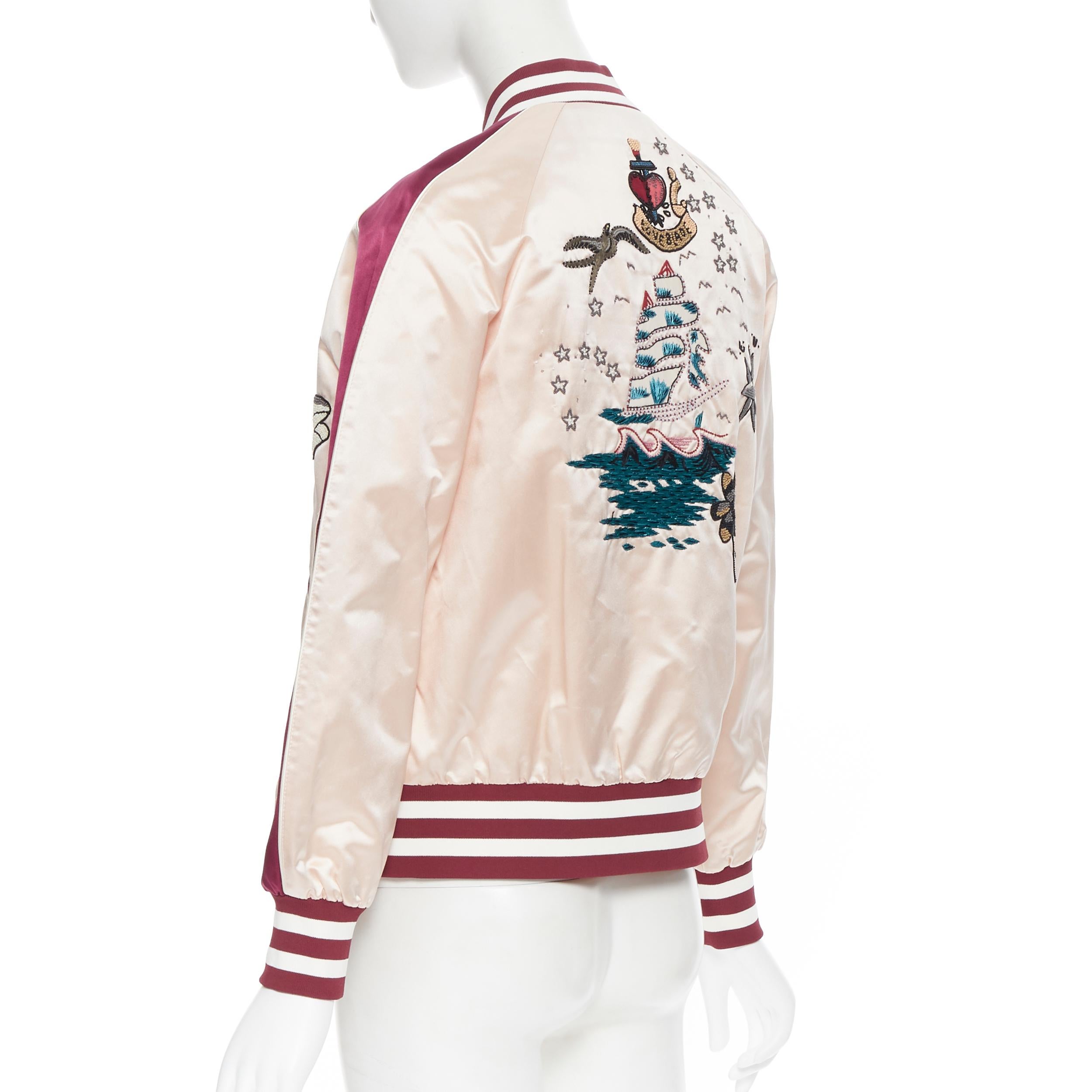 VALENTINO Love Fault bomber in raso rosa bordeaux ricamato con perline IT36 2