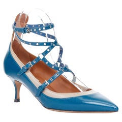 VALENTINO Love Latch grommet blue leather ankle wrap strappy kitten pumps EU37.5