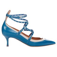 VALENTINO Love Latch grommet blue leather ankle wrap strappy kitten pumps EU37.5