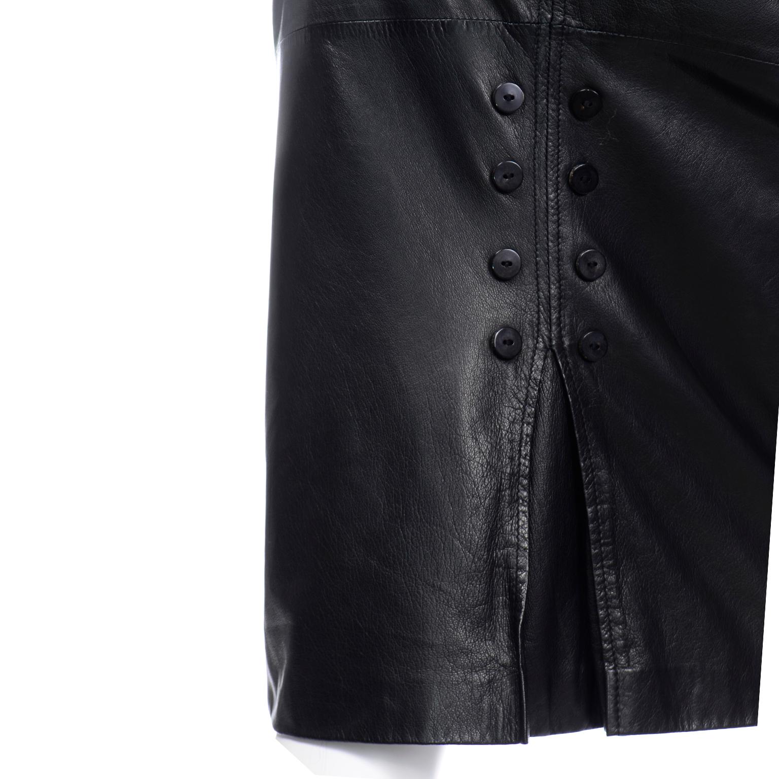 Women's Valentino Made in Italy Black Leather Pencil Skirt w Unique Button Detail