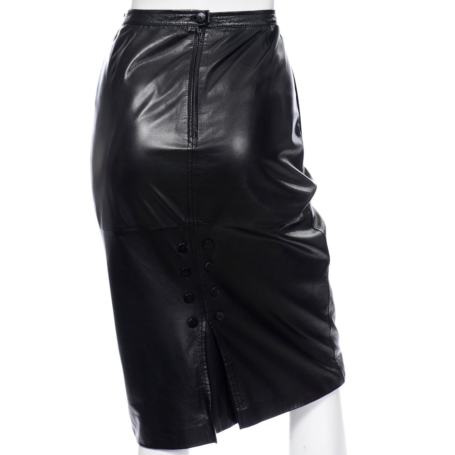 Valentino Made in Italy Black Leather Pencil Skirt w Unique Button Detail 1