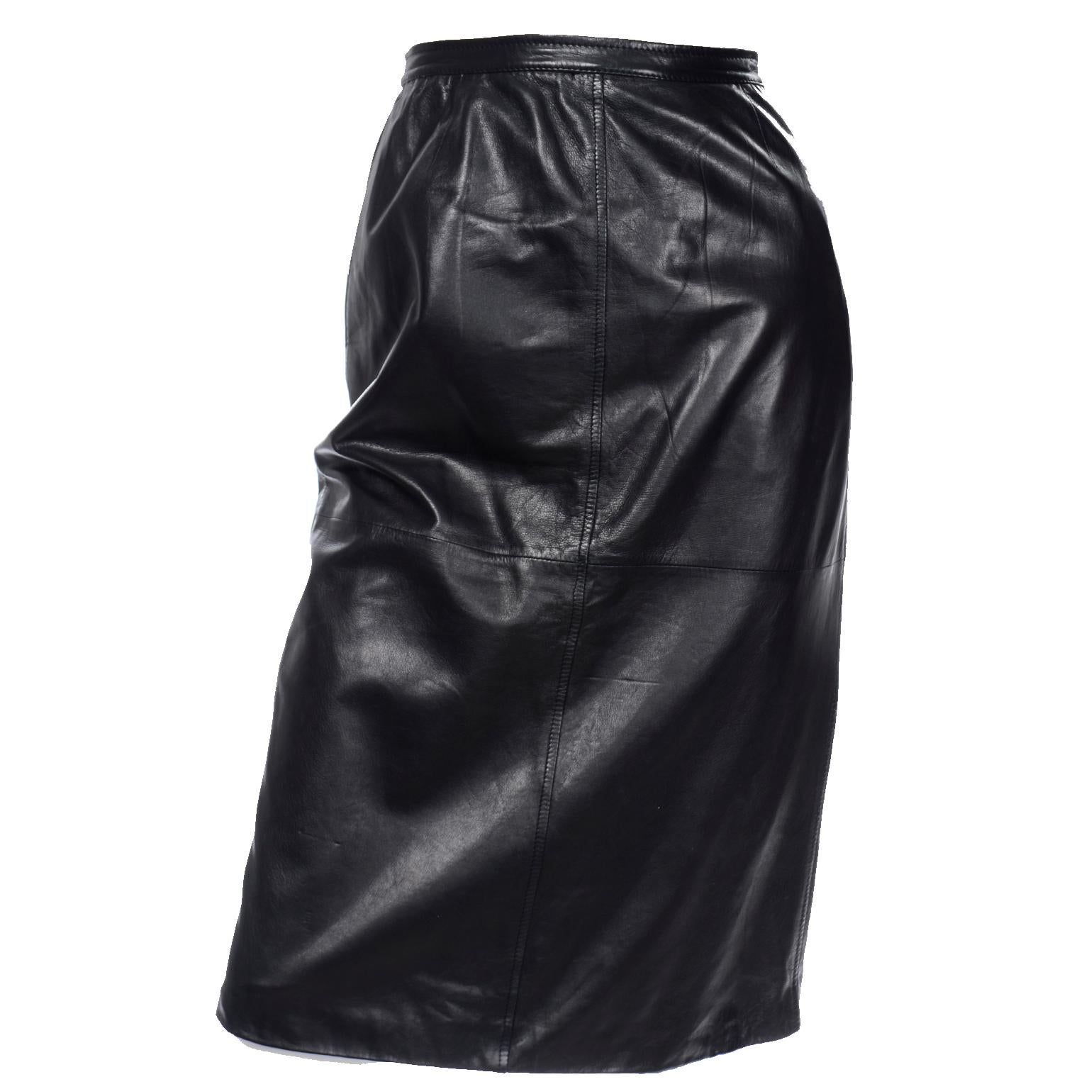 Valentino Made in Italy Black Leather Pencil Skirt w Unique Button Detail 3