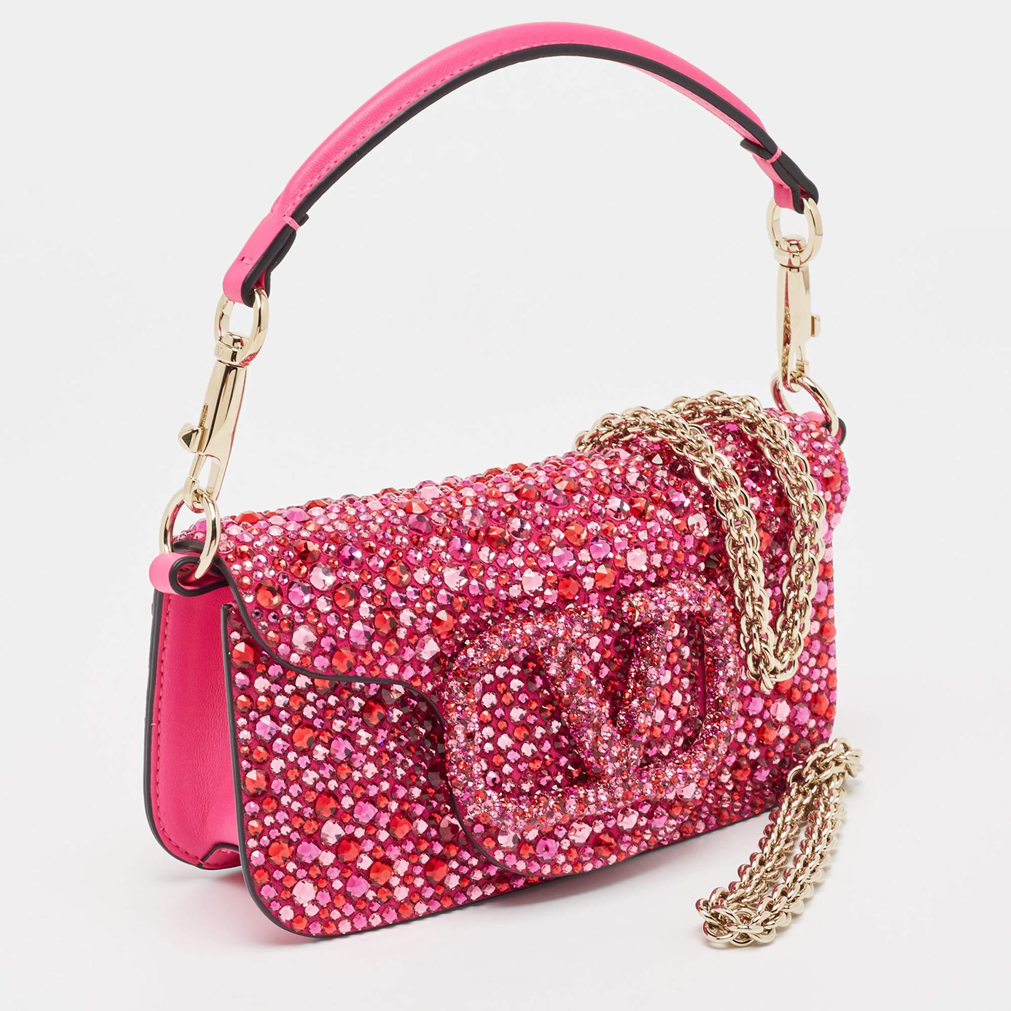 Valentino Magenta Crystal Embellished Small Loco Shoulder Bag In Excellent Condition In Dubai, Al Qouz 2
