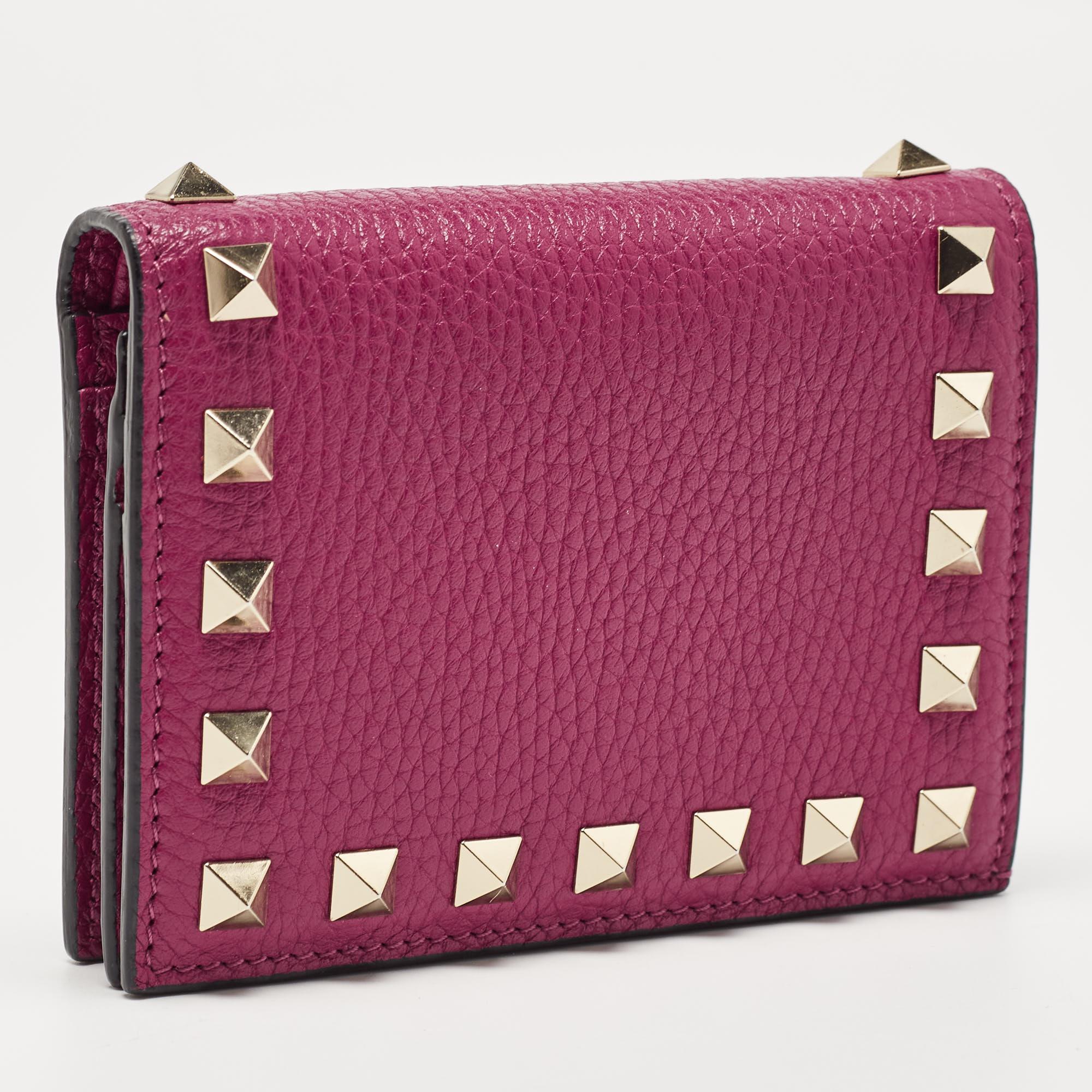 Valentino Magenta Leather Rockstud Flap Compact Wallet For Sale 6