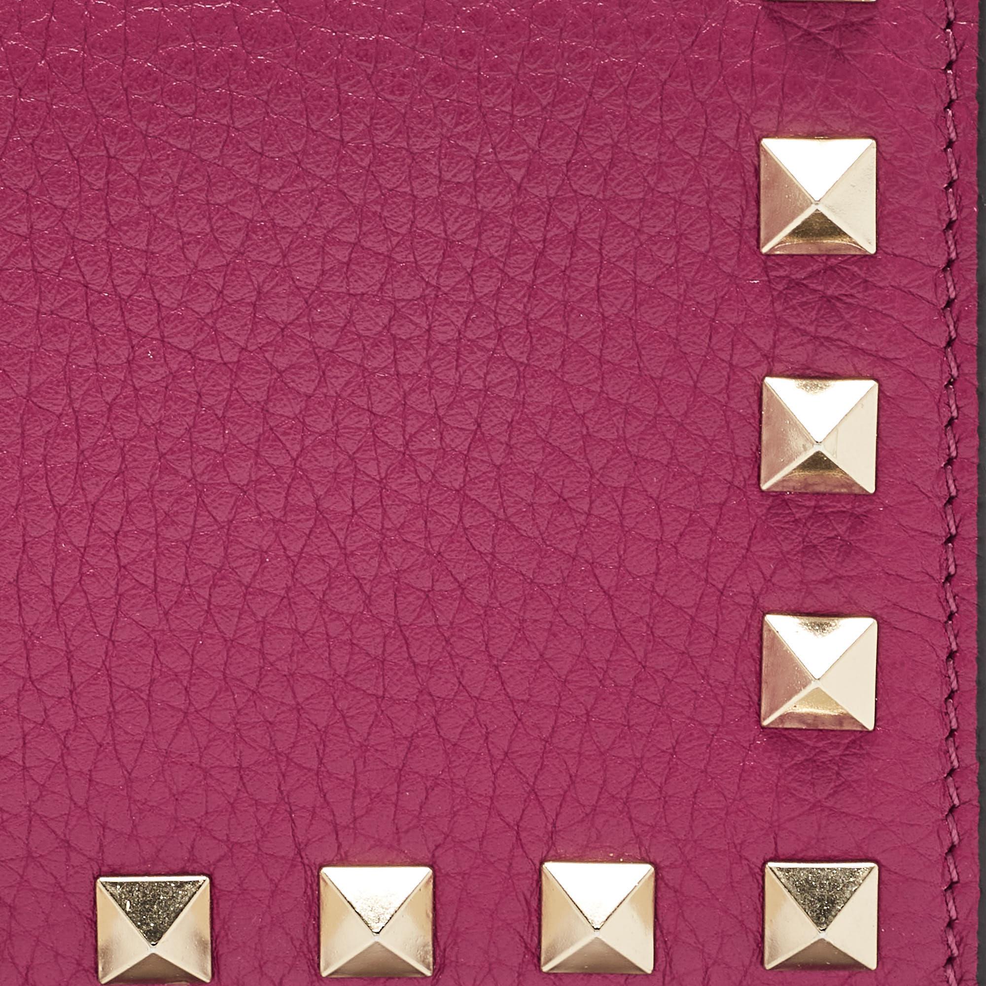Valentino Magenta Leather Rockstud Flap Compact Wallet For Sale 3