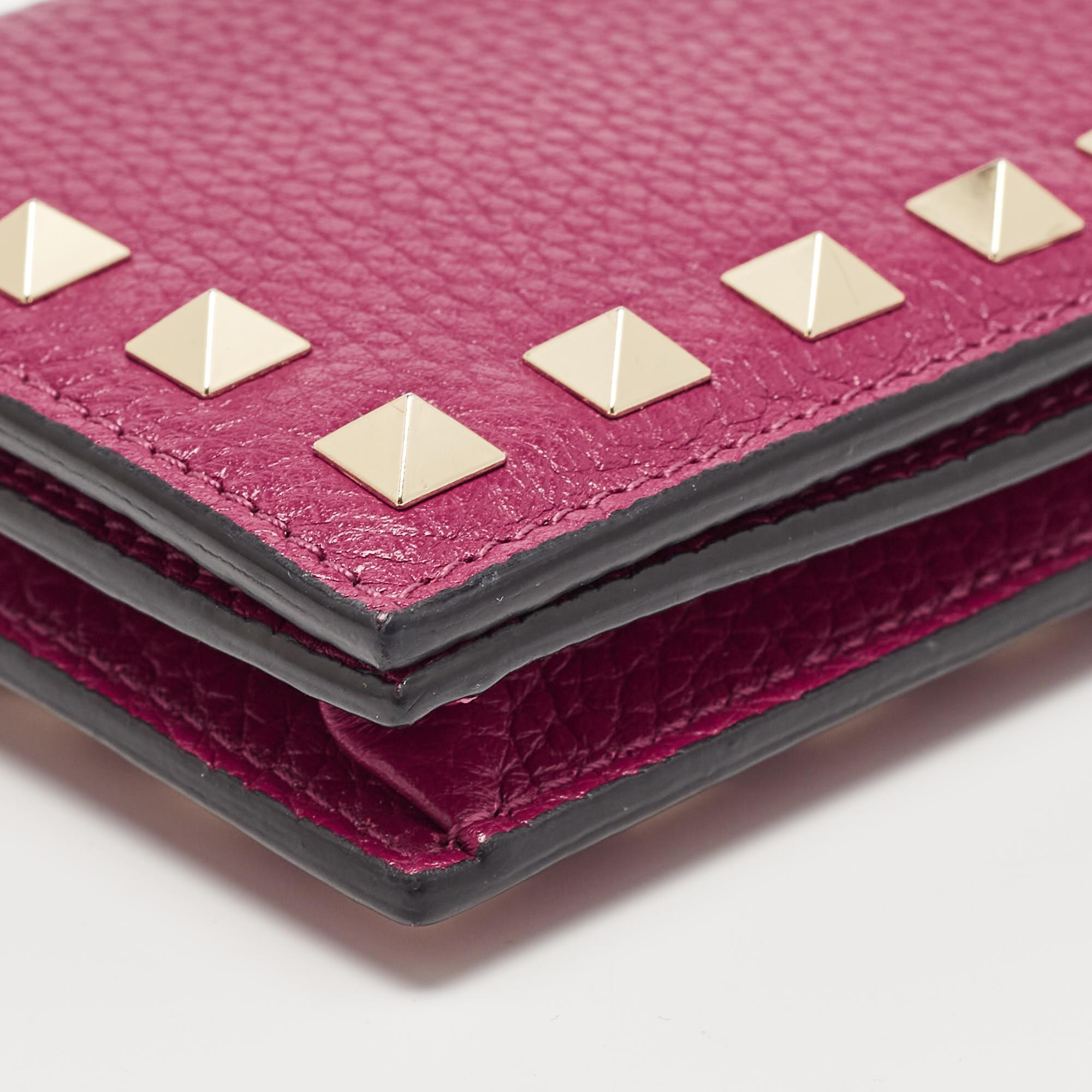Valentino Magenta Leather Rockstud Flap Compact Wallet For Sale 5
