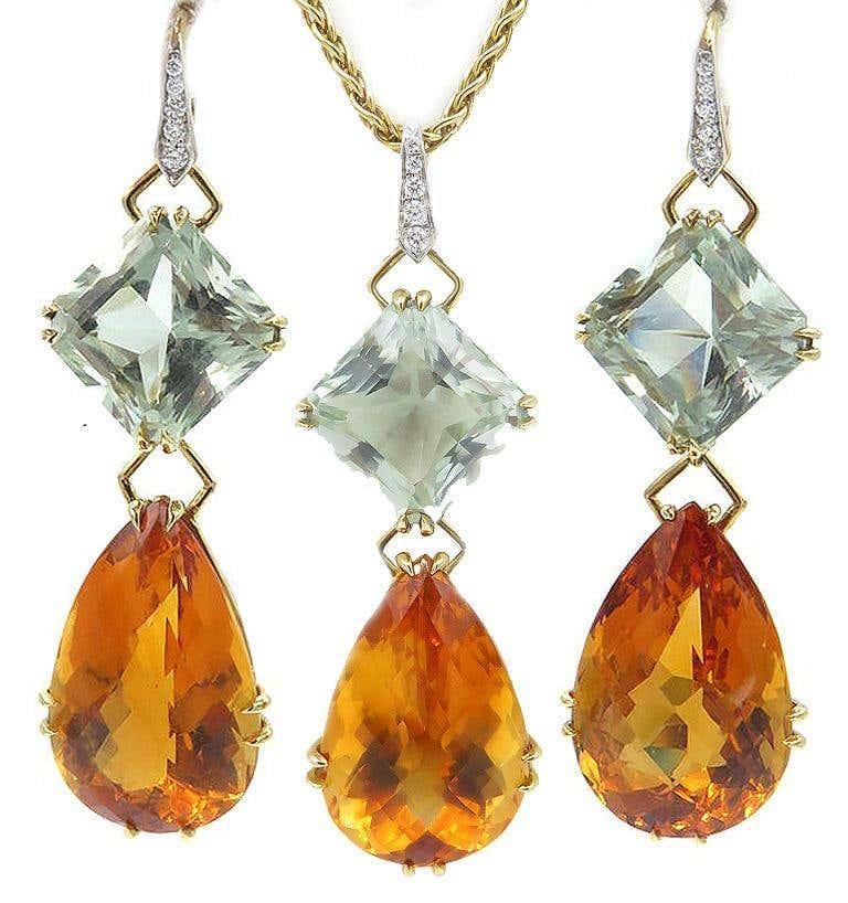 Pear Cut Valentino Magro 18 Karat Gold Diamond, Citrine and Topaz Earrings and Pendant For Sale