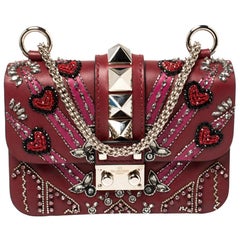 Valentino Maroon Beads Mini Love Blade Rockstud Glam Lock Shoulder Bag