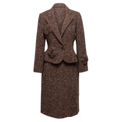 Valentino - Tailleur jupe en laine bouclée marron et marron