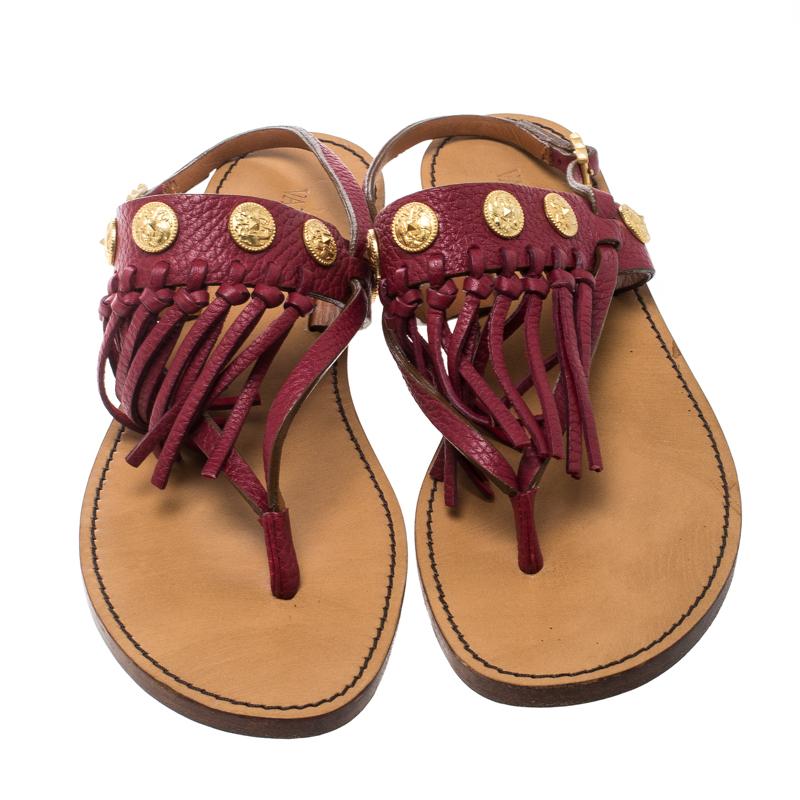 Brown Valentino Maroon Leather Fringed Coin Detail Thong Sandals Size 37.5