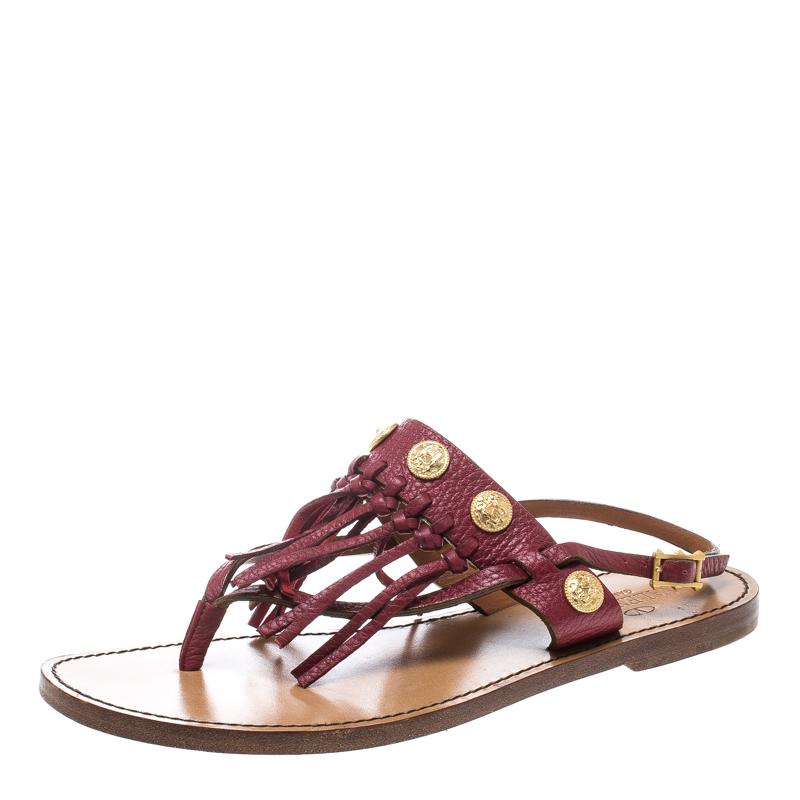 Valentino Maroon Leather Fringed Coin Detail Thong Sandals Size 37.5 In Good Condition For Sale In Dubai, Al Qouz 2
