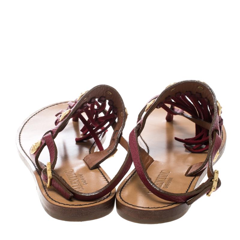 Women's Valentino Maroon Leather Fringed Coin Detail Thong Sandals Size 37.5 For Sale
